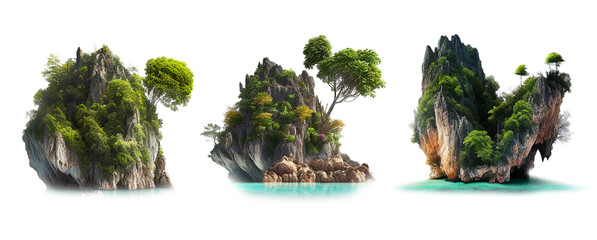 Set of beautiful island mountain with trees Travel summer holiday vacation idea concept, isolated on white background, image ai generate - obrazy, fototapety, plakaty