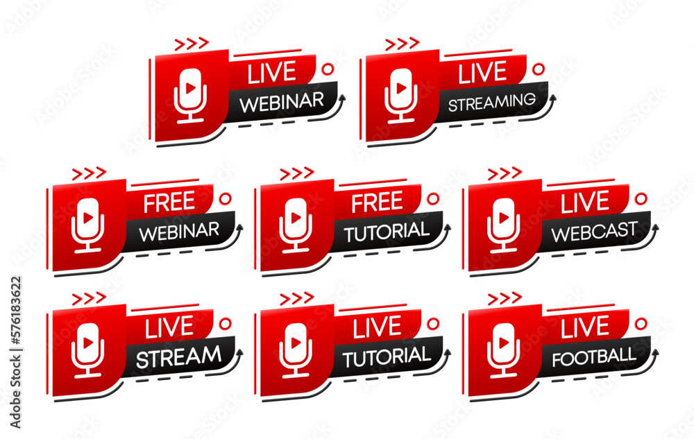 Aufkleber free and live webinar play online button collection. free webinar, stream and tutorial icons. red pl