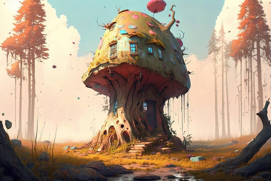 mashroom tree cartoon house concept. Generative Ai 