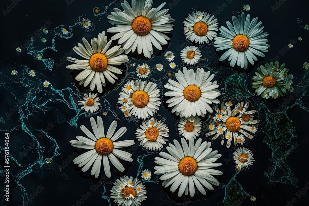 Poster white daisies float on the surface of the water in a close-up top-down shot. generative ai