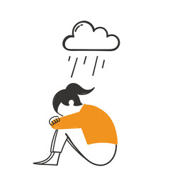 hand drawn doodle depression or stress woman with rain cloud illustration