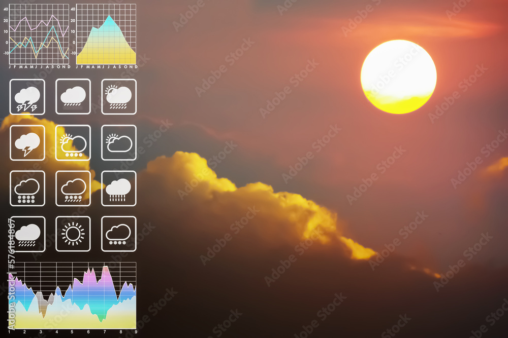 Wall mural weather forecast symbol data presentation with graph and chart on dramatic atmosphere panorama view 