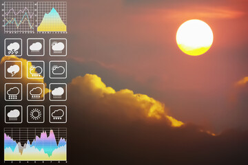 Weather forecast symbol data presentation with graph and chart on dramatic atmosphere panorama view of colorful twilight tropical sky and  clouds with beautiful summer sunrise background.