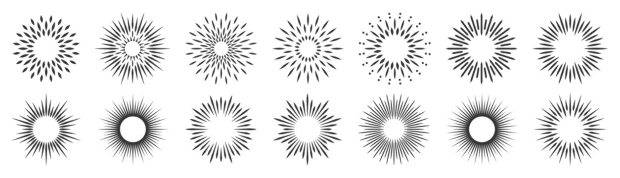 Sunburst set line illustration vector design. Sunbeam collection, sun rays linear hipster logo elements