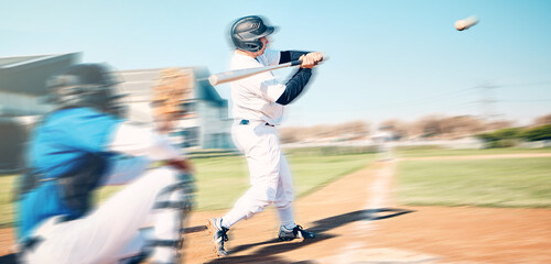 Baseball bat, athlete swing and speed ball on a outdoor sport field with team and blur. Sports fast...