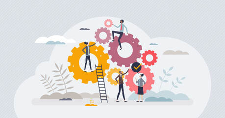 Workforce development and teamwork collaboration process tiny person concept. Team interaction for successful and effective work vector illustration. Performance optimization and improvement strategy - obrazy, fototapety, plakaty