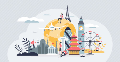 World tourism and global travel with symbolic heritage places tiny person concept. London, Paris, Rome and other historical tourist buildings, towers and holiday destinations vector illustration. © VectorMine