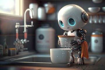 a cute robot effortlessly wash dishes in a realistic scene.