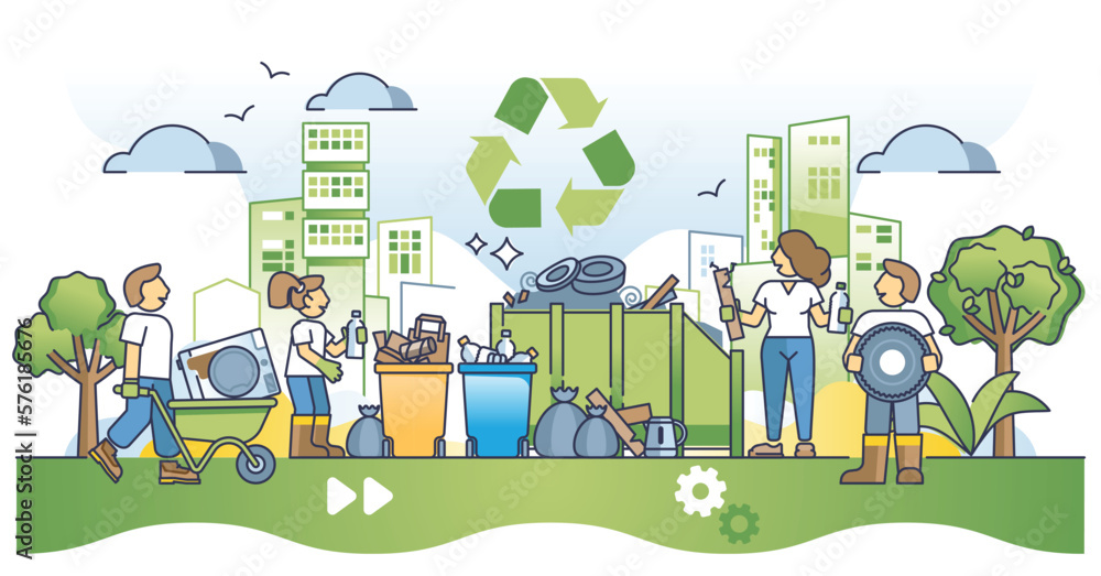 Poster community cleanup event with city trash collecting activity outline concept. volunteer group project