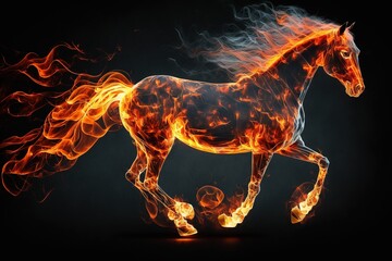 a horse made of fire on a dark background, generative AI