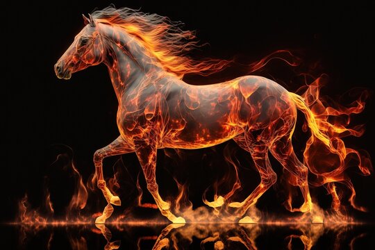 a horse made of fire on a dark background, generative AI