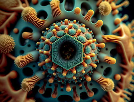 This close-up image under a microscope showcases the artistic beauty of a virus. Its intricate details and unique shape highlight the complexity of these tiny infectious agents. Generative AI