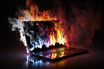 laptop made of fire and smoke on a dark background, generative ai