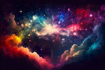 a sky full of colorful fireworks bursting amid the dazzling display of stardust and galaxy in the backdrop, with glittering specks adding a touch of magic to the scene.