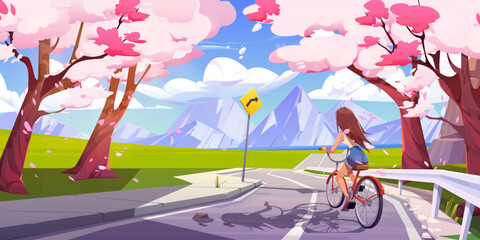 Girl riding bike on japanese road near mountain through sakura forest with falling petals. Cherry blossom rock valley view vector cartoon background. Female cyclist ride on weekend.