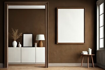 big picture frame art in a brown room, empty copy space, product display, bright frame mock up, white blank canvas, generative ai