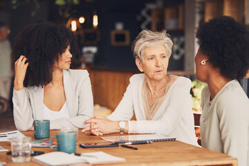 Business women, coffee shop and meeting for strategy, proposal and collaboration with diversity....