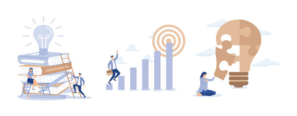 Creativity, knowledge to achieve success, challenge and motivation to succeed, Problem solver, set flat vector modern illustration