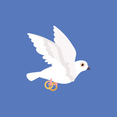 Pigeon flying and carrying wedding rings, cartoon flat vector illustration isolated on blue background.