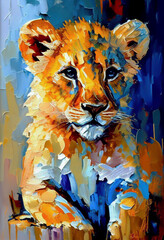 Lion cub colorful palette-knife drawing generative ai