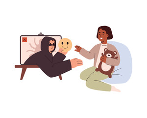 Happy little girl and scammer gets out of monitor flat style