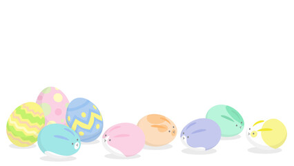 Easter background with copy space. Vector illustration of eggs with cute rabbit face and bunny ears.