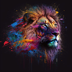 Head of beautiful, colorful lion design, fierce, powerful large predator, dangerous wildlife, wild animal, strong mane.  Illustration art.