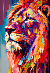 Colorful Palette-knife drawing of a Lion. Using Primary Colors,