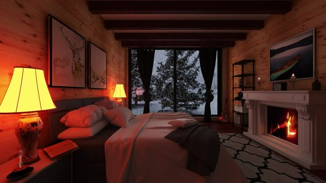 Ambient and cozy cabin in the woods bedroom animation, fire is burning and giving a feeling of comfort, warmth, and relaxation, snow falls in outside.