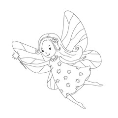 Cute little fairy with wings and magic wand isolated on white. Vector outline illustration for coloring page