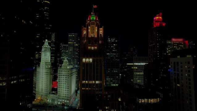 Chicago night aerial streets. 4k
