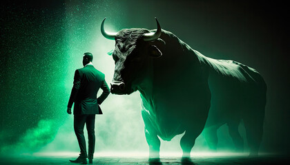 man standing next to a bull in a dark room, financial and stock market concept, business concept - obrazy, fototapety, plakaty