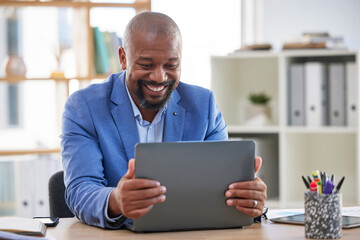 Happy, senior and businessman hands on laptop in office for celebration, good news or email. Smile,...