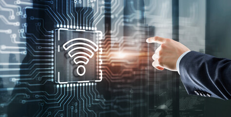 Man clicks on the logo Wireless internet connection communication mobile technology concept