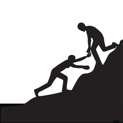 Man helping another man in climbing mountain, silhouette simple design. isolated on white background.
