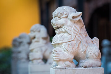 White lion stone statues in BaoLunSi temple Chongqing, China - 576189870