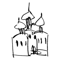 Russian Orthodox temple. Hand drawn linear doodle rough sketch. Black silhouette on white background. Isolated vector illustration.