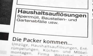 Haushaltsauflösungen Zeitungsanzeige Dienstleistung