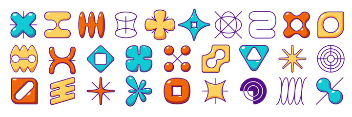 Geometric brutalism shape graphic design. Set of abstract vector element. Retro simple form figure art. Isolated brutalist bold curve illustration with flare. Multicolor pictogram collection
