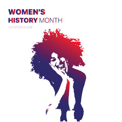 A poster for women's history month with a woman in a wig and a man in a suit.