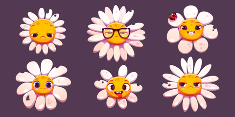 Daisy chamomile face emotions cartoon vector set. Isolated camomile flower character with bitten petal and mood expression. Comic groovy smile, sad, distrustful and cheerful bloom plant head.