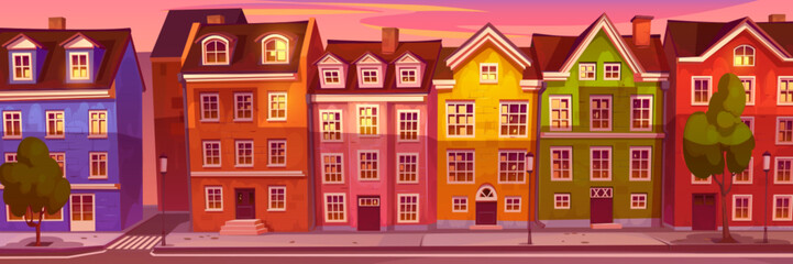 Fototapeta premium Morning city street with Scandinavian style buildings. Vector cartoon illustration of traditional European houses with chimneys, old wooden windows and doors, trees, lanterns on sidewalk, pink sky