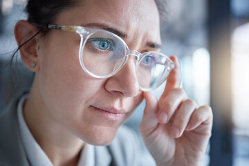 Business woman confused, vision and glasses, face and focus, prescription lens fail and problem....