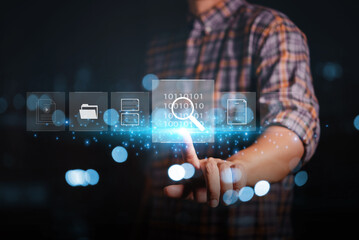 man touch on vr screen to manage e-document , online document transfer , database and digital file storage system or software,file access sharing and backup in cloud system ,paperless management