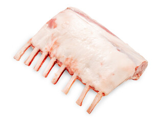 Australian lamb rack cutlets or Raw Frenched Rack 8 Ribs on white background, Australian lamb rack isolate on white with clipping path.