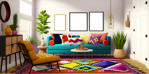 Sleek and stylish living room design mockup,  Contemporary living space mock up,  Minimalist living room mock up, Modern living room interior design featuring frame mockup, generative ai