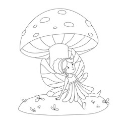 Cute little fairy sitting under mushroom isolated on white background. Vector outline illustration for coloring page