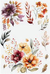 Fall autumn floral clipart, watercolor romantic style, There is space for text. Generative AI