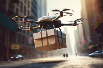 Delivery drone, robotic mail, technology, logistics of future concept. Flying drone with cardboard box in city landing on asphalt. Generative AI