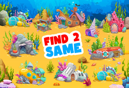 Find two same cartoon underwater houses on bottom